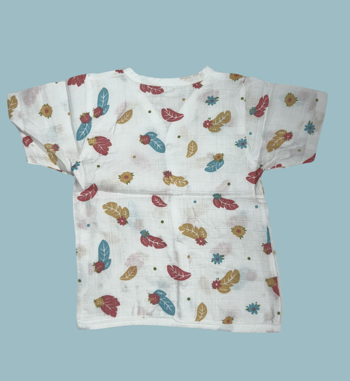 Baby Muslin Cotton Half Sleeve Button Jabla – Autumn Leaves & Flowers Print