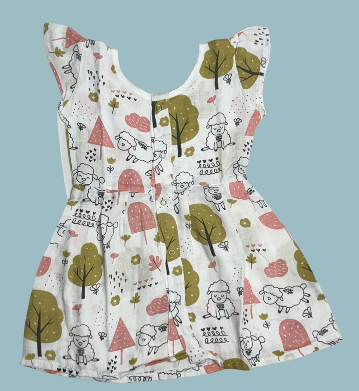 Muslin Cotton Baby Frock – Sleeveless Front Open | Sheep & Tree Print