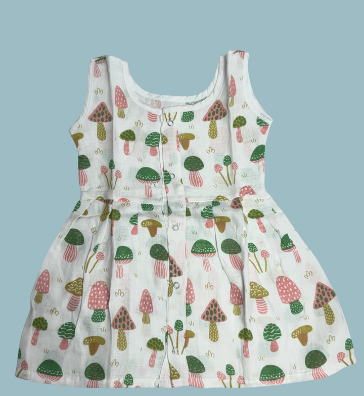 Muslin Cotton Baby Frock – Sleeveless Front Open | Mushroom Print