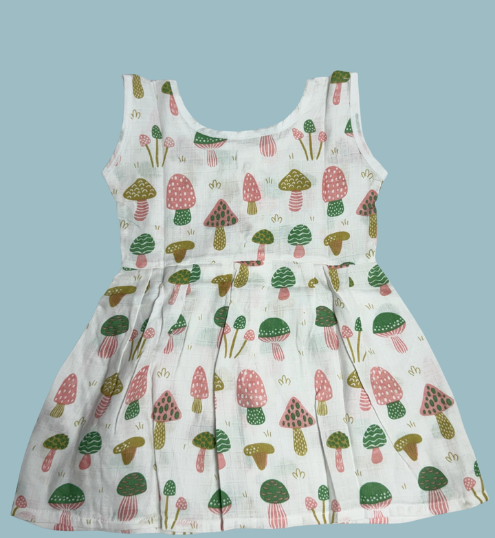 Muslin Cotton Baby Frock – Sleeveless Front Open | Mushroom Print