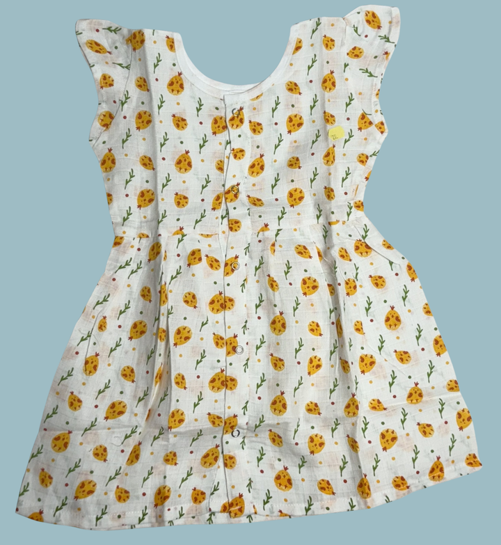 Muslin Baby Frock with Frill Sleeves – Front Open | Yellow Floral Print