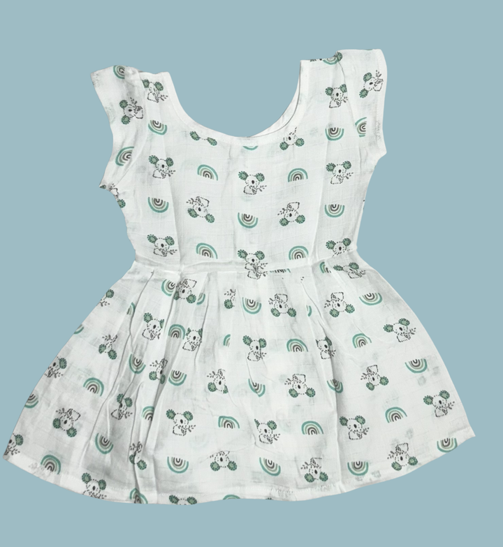Muslin Baby Frock with Frill Sleeves – Front Open | Koala & Rainbow Print
