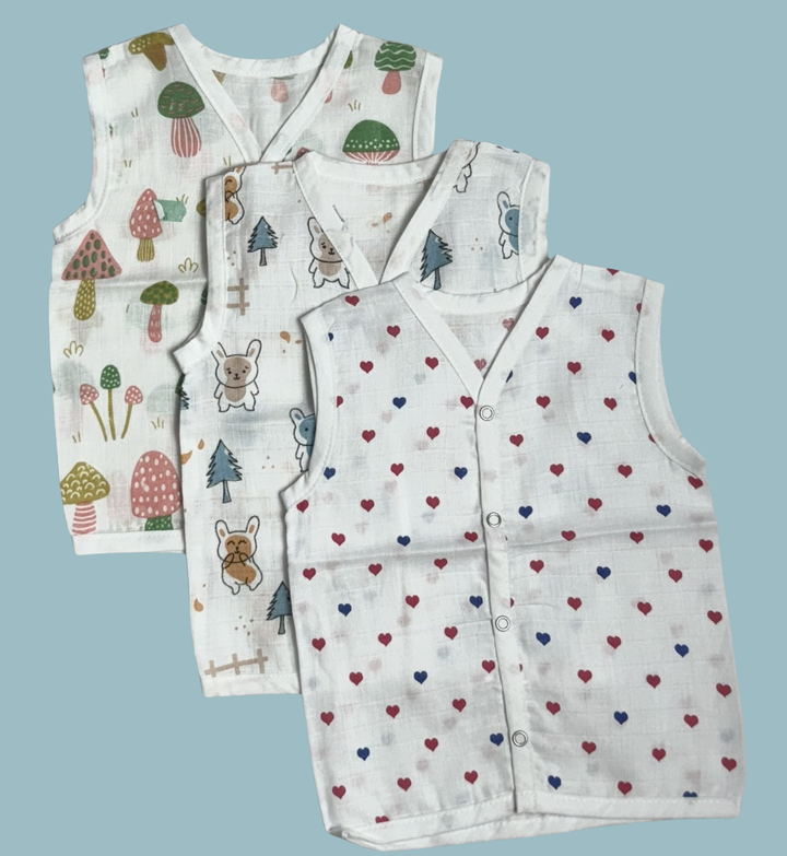 Muslin Cotton Baby Jabla Combo – Sleeveless Front Open | Mushroom, Hearts & Bunny Print (Pack of 3)