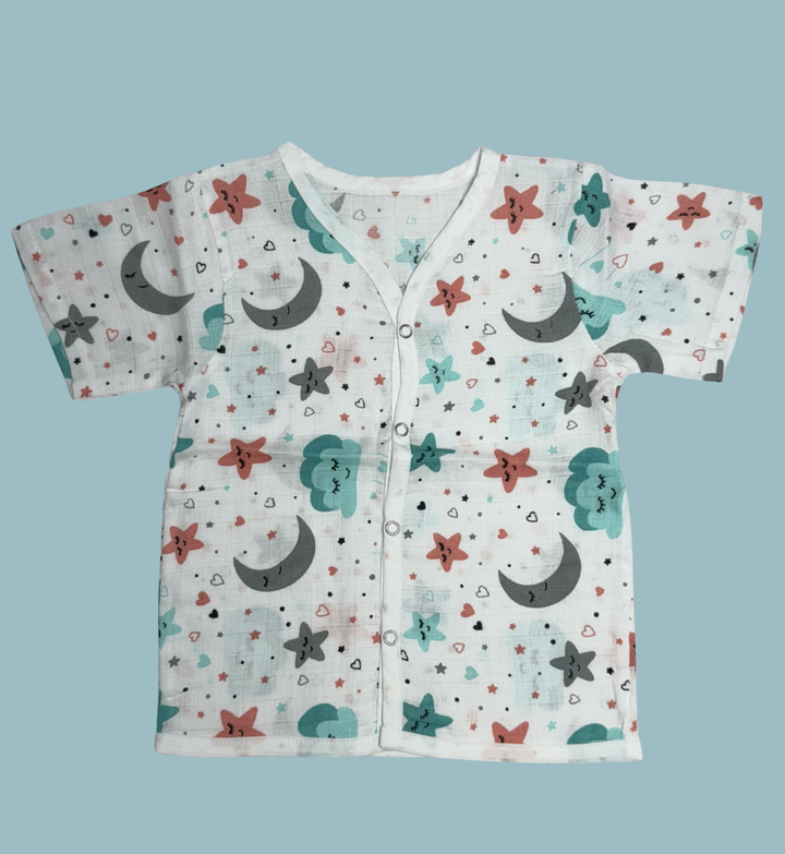 Baby Muslin Cotton Half Sleeve Button Jabla – Moon, Stars & Clouds Print