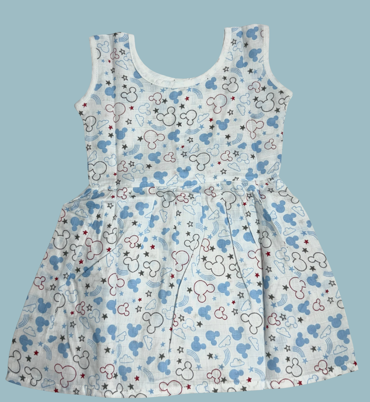 Muslin Cotton Baby Frock – Sleeveless Front Open | Mickey & Stars Print