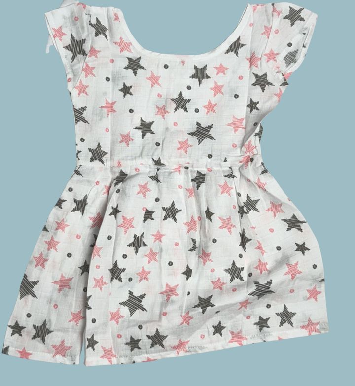 Muslin Baby Frock with Frill Sleeves – Front Open | Star Print (Pink & Black)