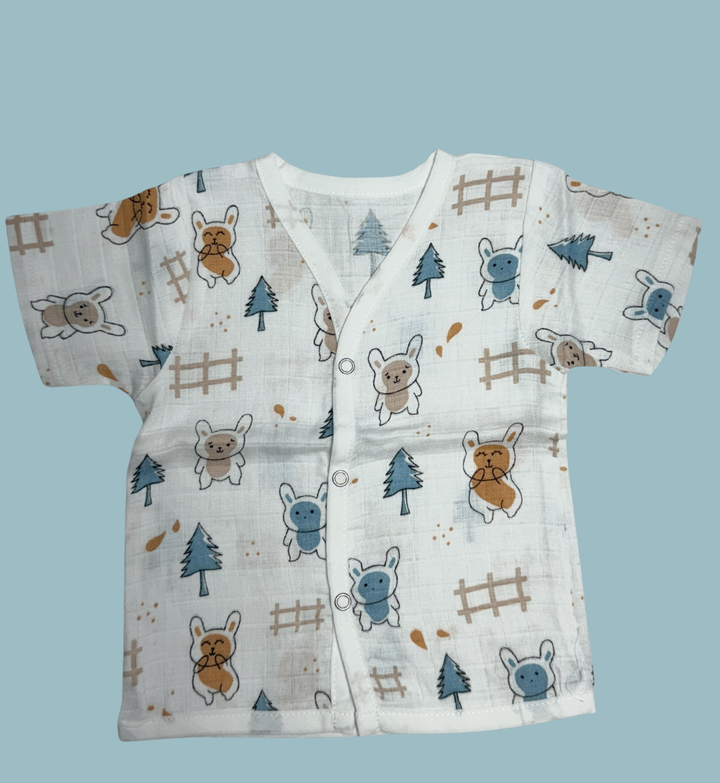 Baby Muslin Cotton Half Sleeve Button Jabla – Cute Bunny & Forest Print