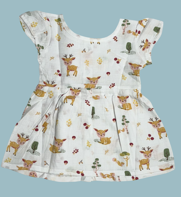 Muslin Baby Frock with Frill Sleeves – Front Open | Forest Deer Print