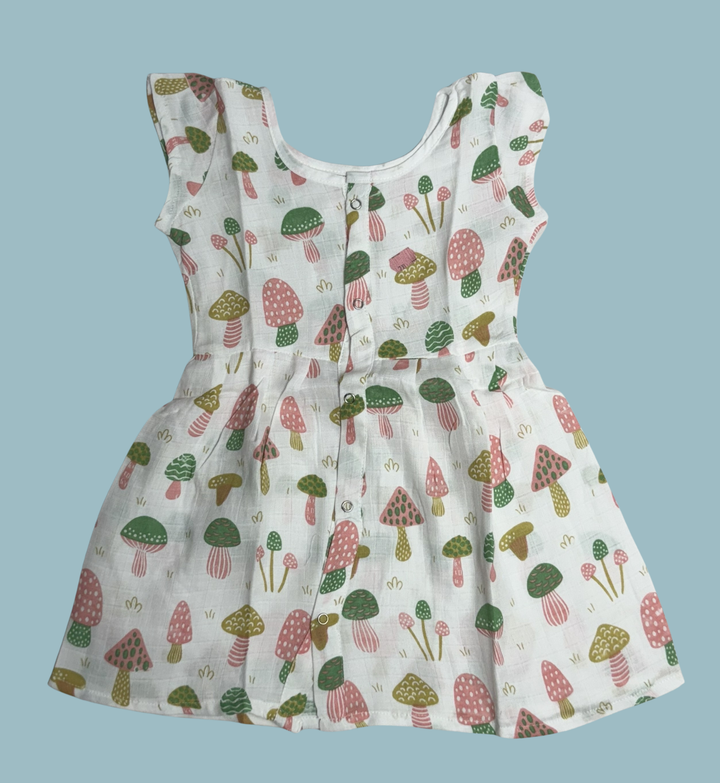 Muslin Baby Frock with Frill Sleeves – Front Open | Cute Mushroom Print