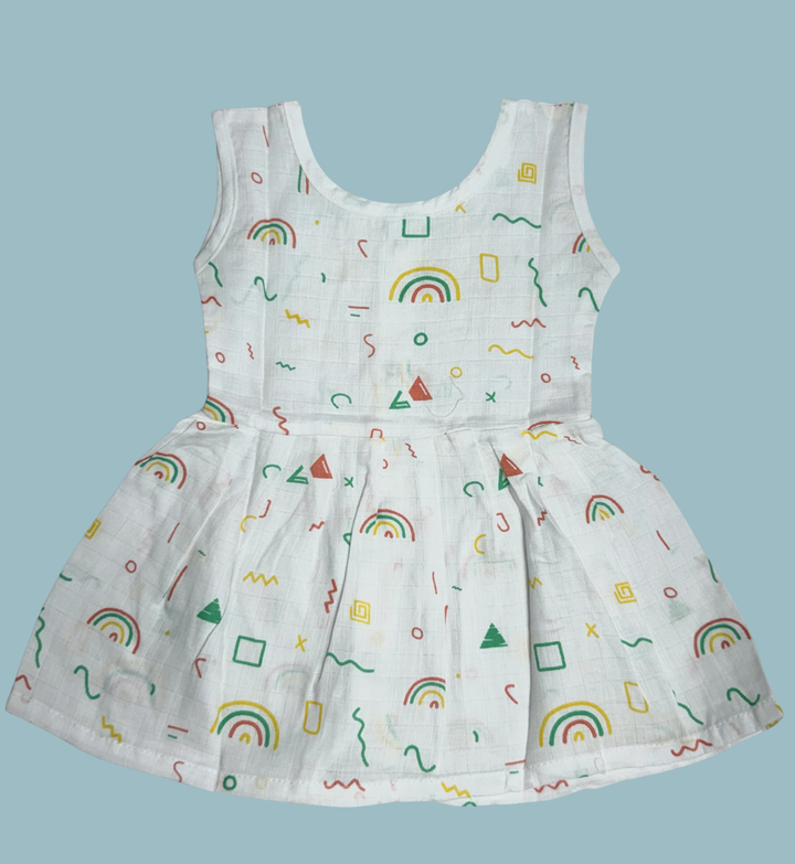 Muslin Cotton Baby Frock – Sleeveless Front Open | Rainbow & Shapes Print