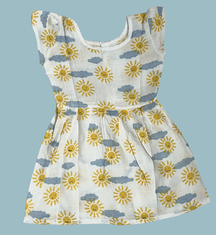 Muslin Baby Frock with Frill Sleeves – Front Open | Sun & Cloud Print