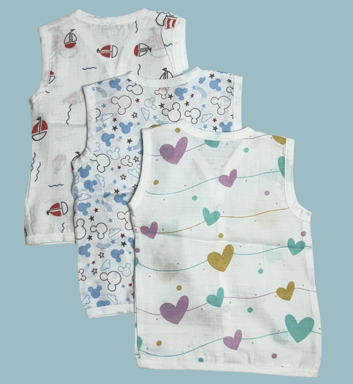 Muslin Cotton Baby Jabla Combo – Sleeveless Front Open | Boat, Mickey & Colorful Hearts Print (Pack of 3)