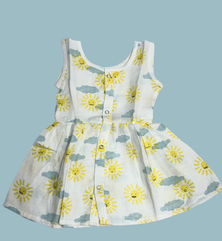 Muslin Cotton Baby Frock – Sleeveless Front Open | Sun & Cloud Print