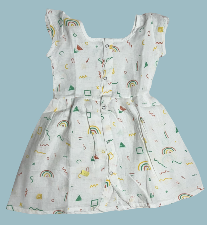 Muslin Baby Frock with Frill Sleeves – Front Open | Rainbow & Shapes Print