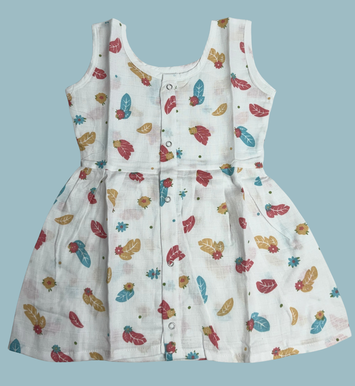 Muslin Cotton Baby Frock – Sleeveless Front Open | Leaf & Flower Print
