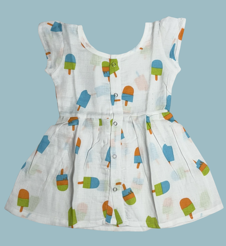 Muslin Baby Frock with Frill Sleeves – Front Open | Ice-Cream Print