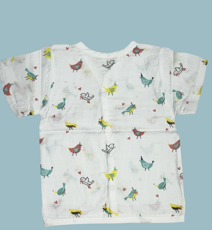 Baby Muslin Cotton Half Sleeve Button Jabla – Colorful Birds Print