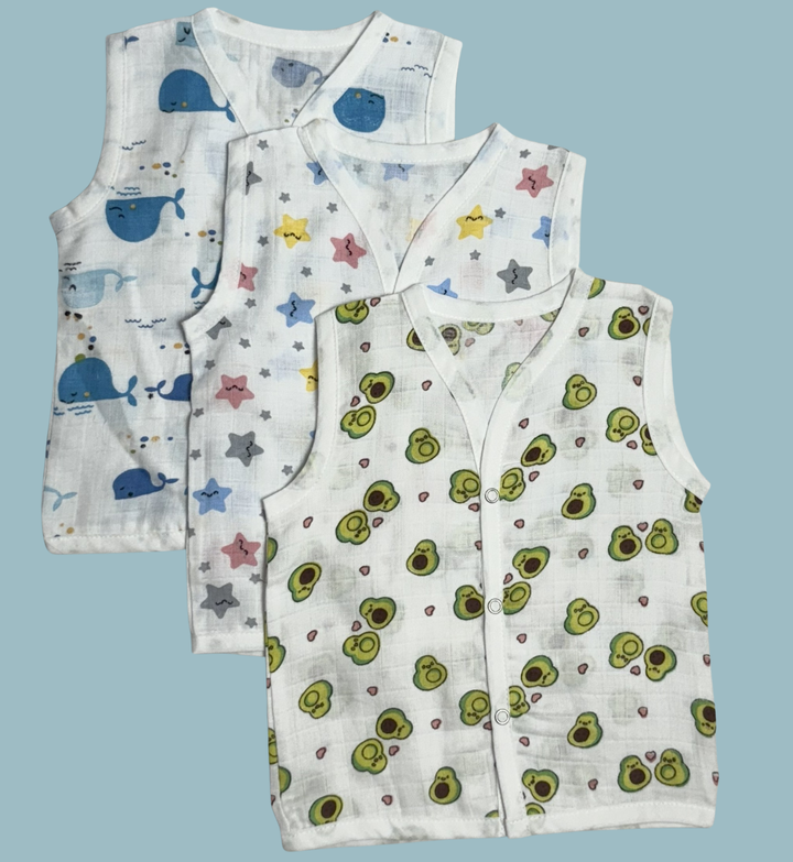 Muslin Cotton Baby Jabla Combo – Sleeveless Front Open | Whale, Stars & Cartoon Print (Pack of 3)