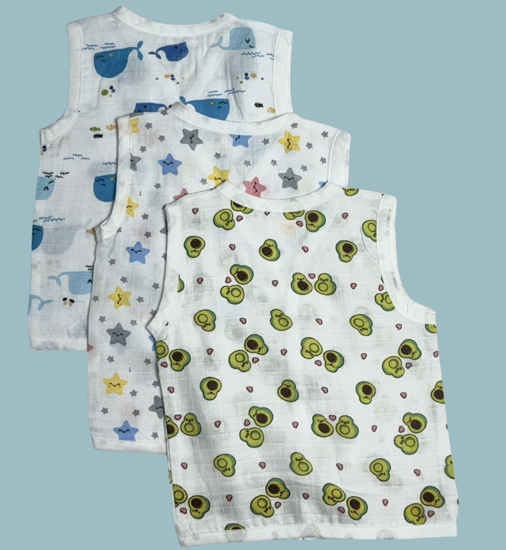 Muslin Cotton Baby Jabla Combo – Sleeveless Front Open | Whale, Stars & Cartoon Print (Pack of 3)