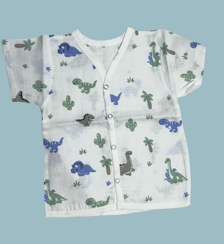 Baby Muslin Cotton Half Sleeve Button Jabla – Dinosaur Print