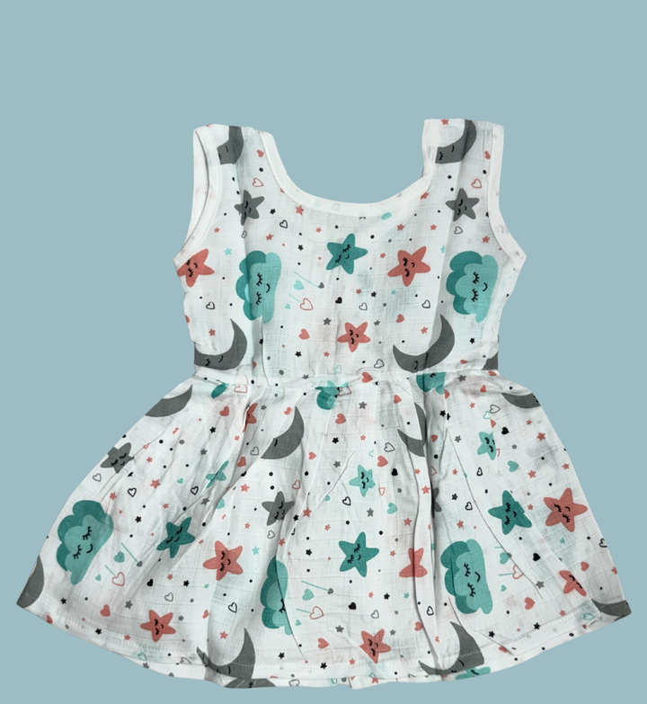 Muslin Cotton Baby Frock – Sleeveless Front Open | Moon, Cloud & Star Print