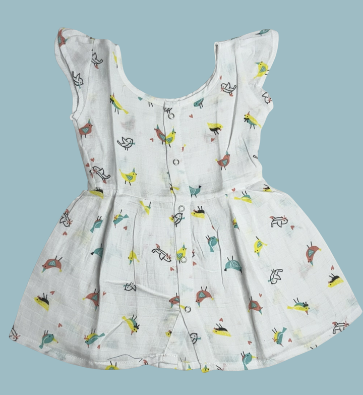 Muslin Baby Frock with Frill Sleeves – Front Open | Bird Print