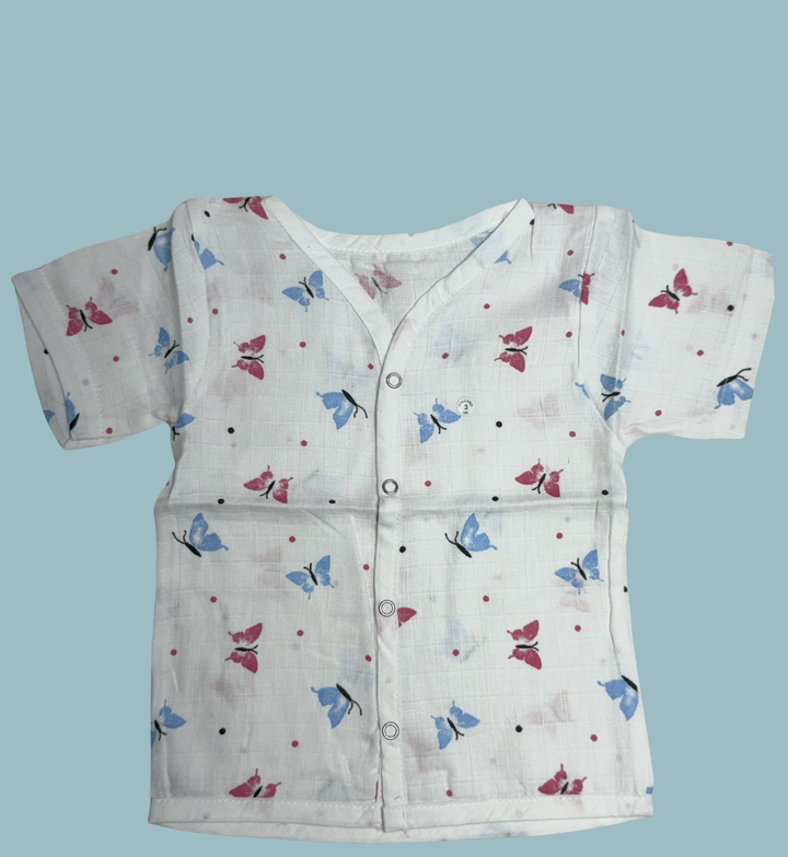 Baby Muslin Cotton Half Sleeve Button Jabla – Blue & Pink Butterfly Print