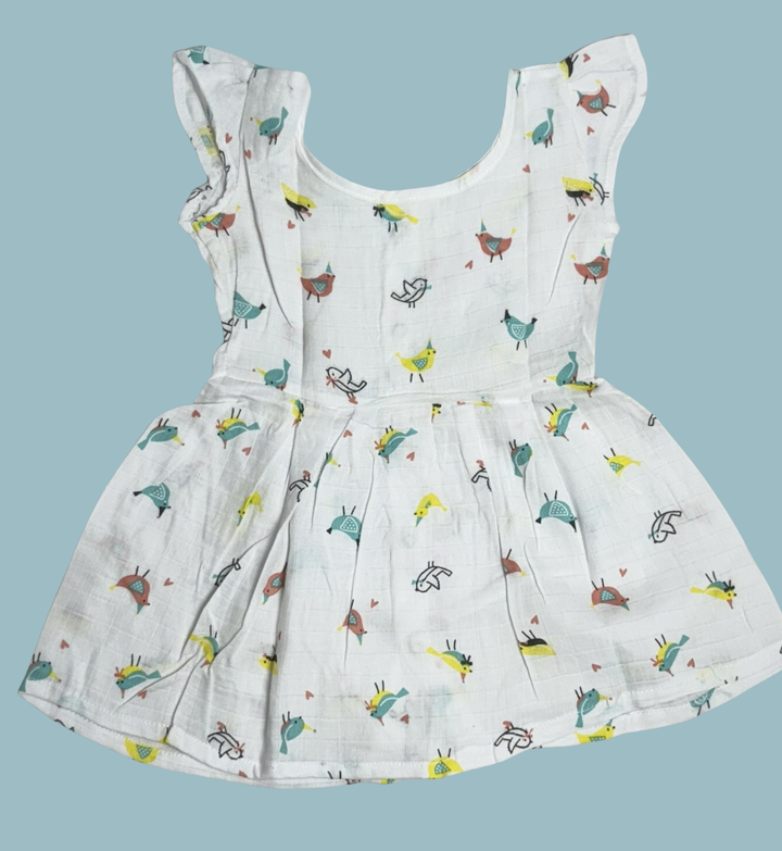 Muslin Baby Frock with Frill Sleeves – Front Open | Bird Print