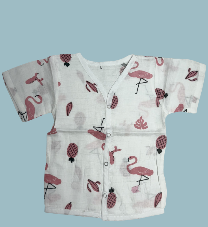 Baby Muslin Cotton Half Sleeve Button Jabla – Pink Flamingo Print