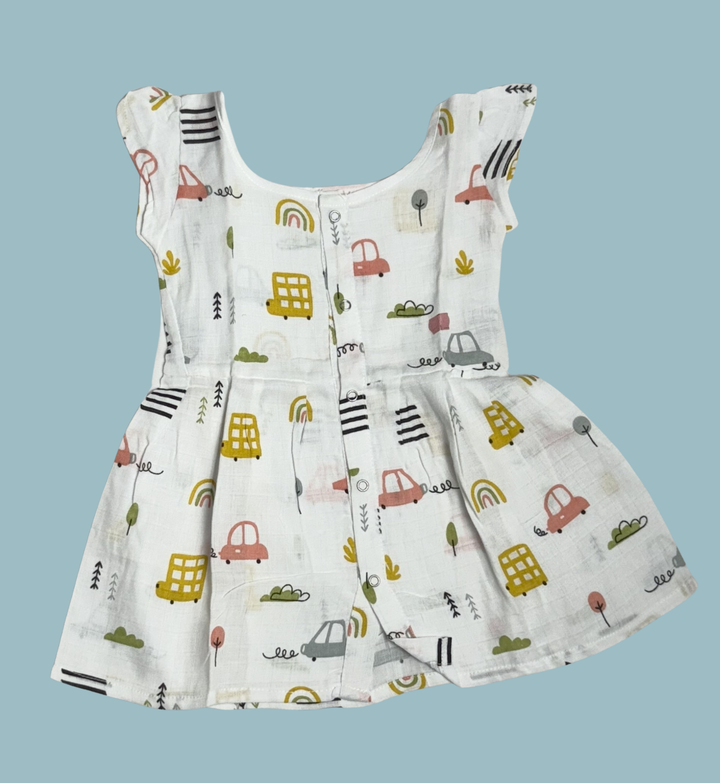 Muslin Baby Frock with Frill Sleeves – Front Open | Car & Rainbow Print