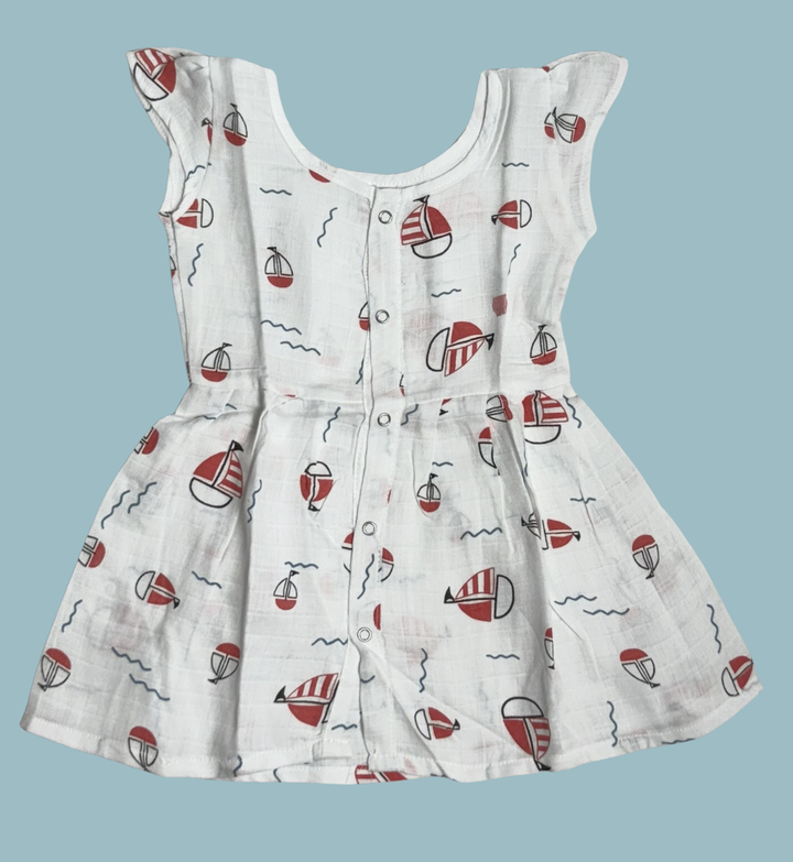 Muslin Baby Frock with Frill Sleeves – Front Open | Boat Print