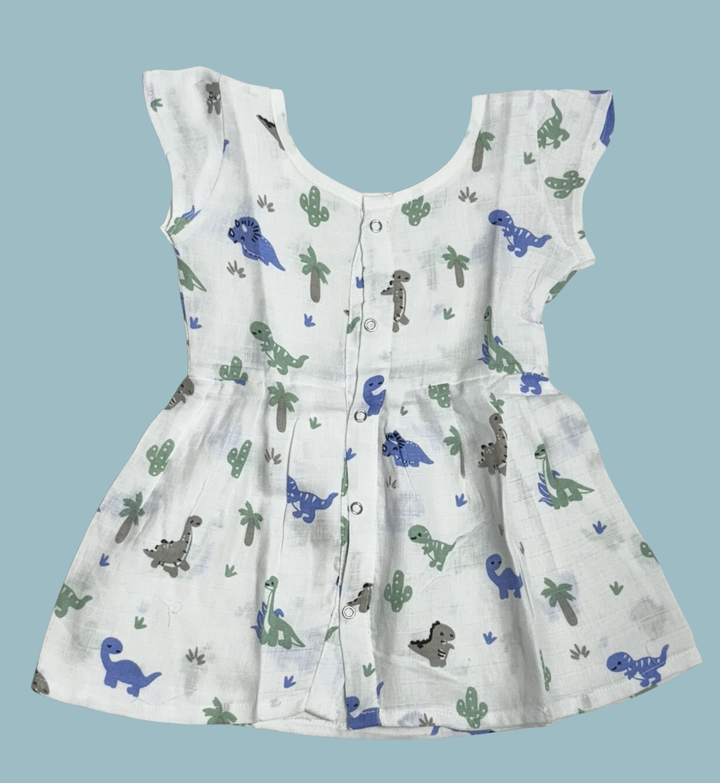 Muslin Baby Frock with Frill Sleeves – Dinosaur Print | Soft & Breathable (Front Open)