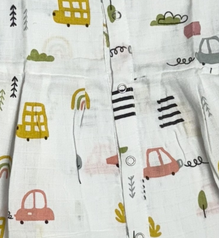 Muslin Baby Frock with Frill Sleeves – Front Open | Car & Rainbow Print