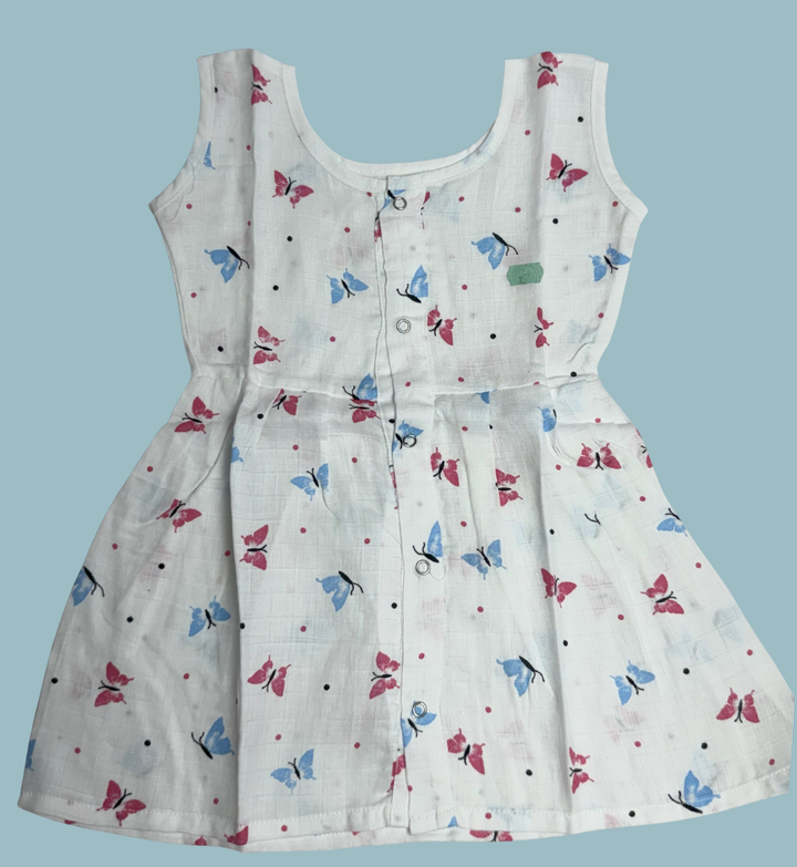 Muslin Cotton Baby Frock – Sleeveless Front Open | Butterfly Print