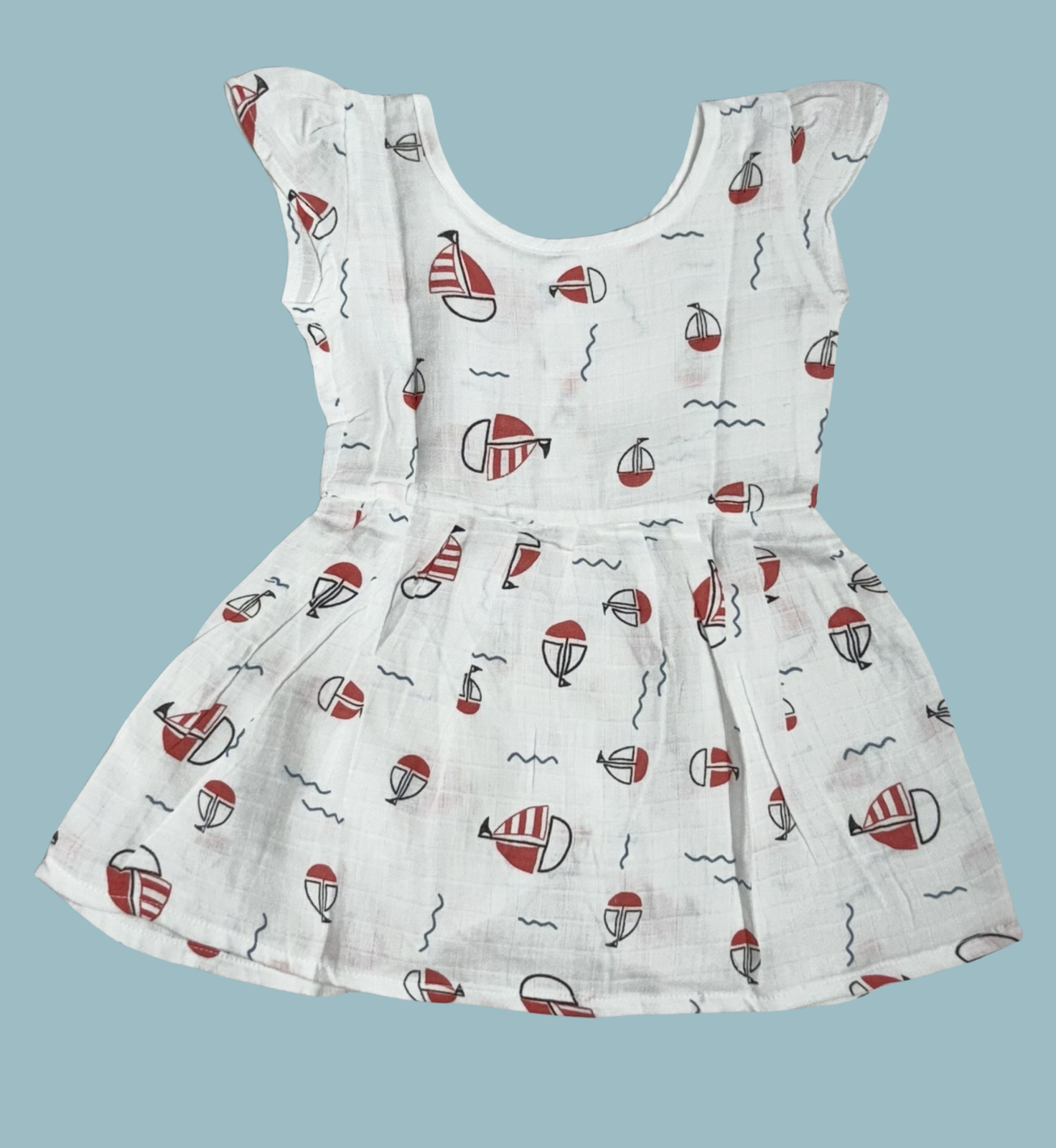 Muslin Baby Frock with Frill Sleeves – Front Open | Boat Print