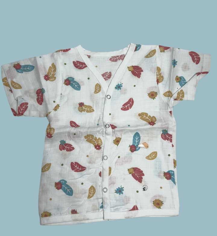 Baby Muslin Cotton Half Sleeve Button Jabla – Autumn Leaves & Flowers Print