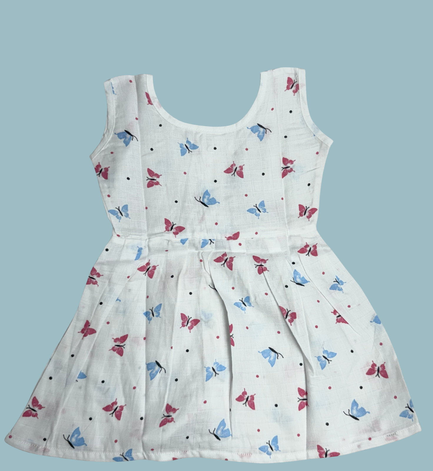 Muslin Cotton Baby Frock – Sleeveless Front Open | Butterfly Print