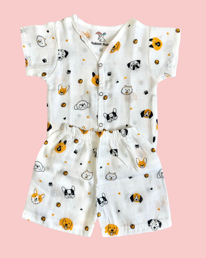 Premium Muslin Cotton Half Sleeve Jabla & Shorts Set – Puppy Print