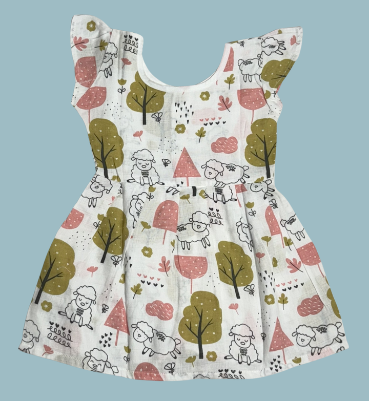 Muslin Baby Frock with Frill Sleeves – Front Open | Sheep & Nature Print