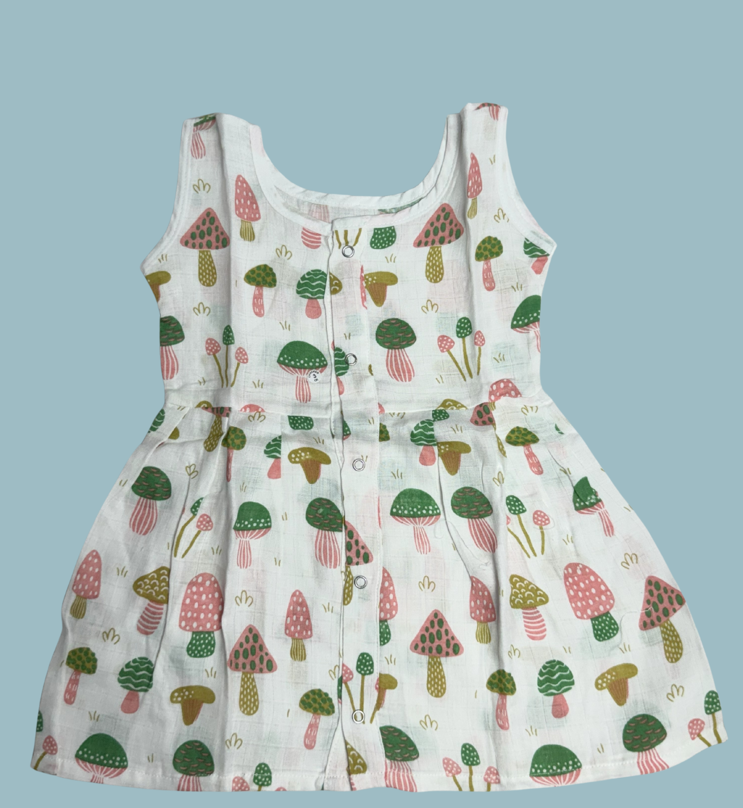 Muslin Cotton Baby Frock – Sleeveless Front Open | Mushroom Print