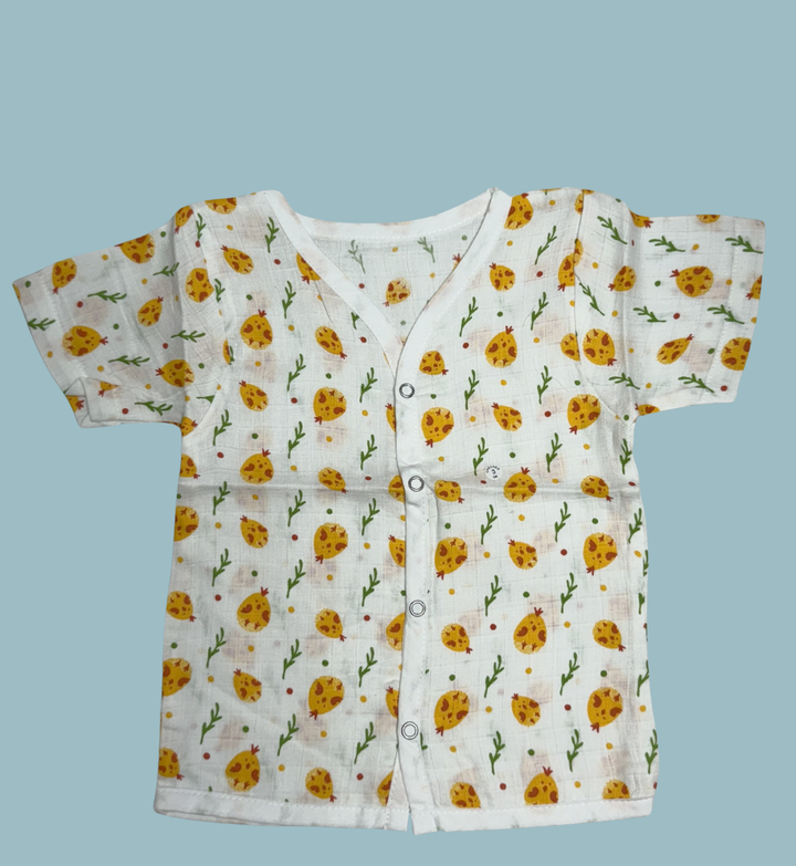 Baby Muslin Cotton Half Sleeve Button Jabla – Yellow Pomegranate Print
