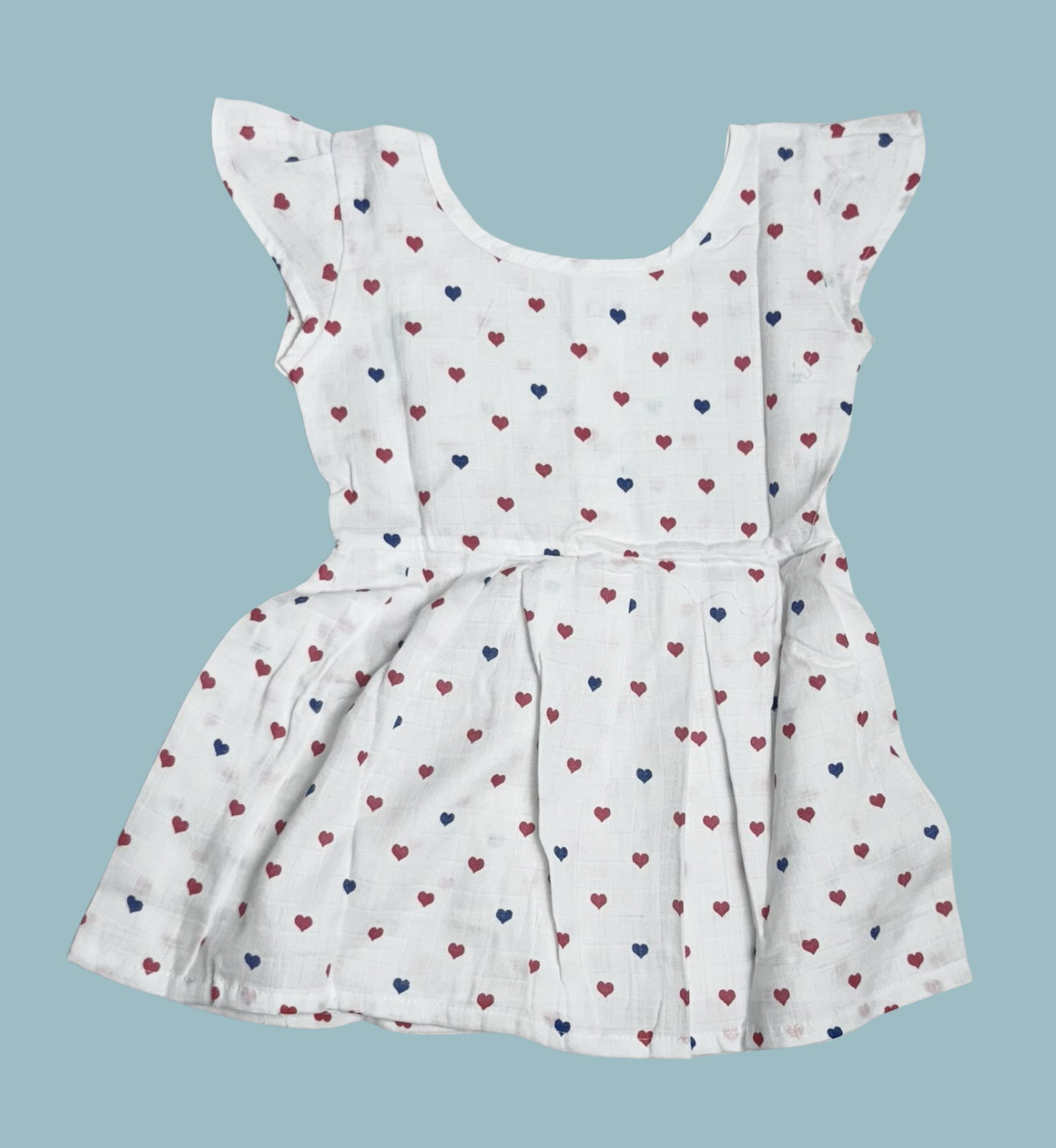 Muslin Baby Frock with Frill Sleeves – Front Open | Heart Print Design