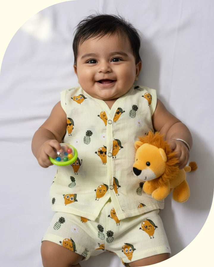 Lemon Yellow Sleeveless Jabla Co Ord Set – 100% Muslin Cotton – Mango Garden