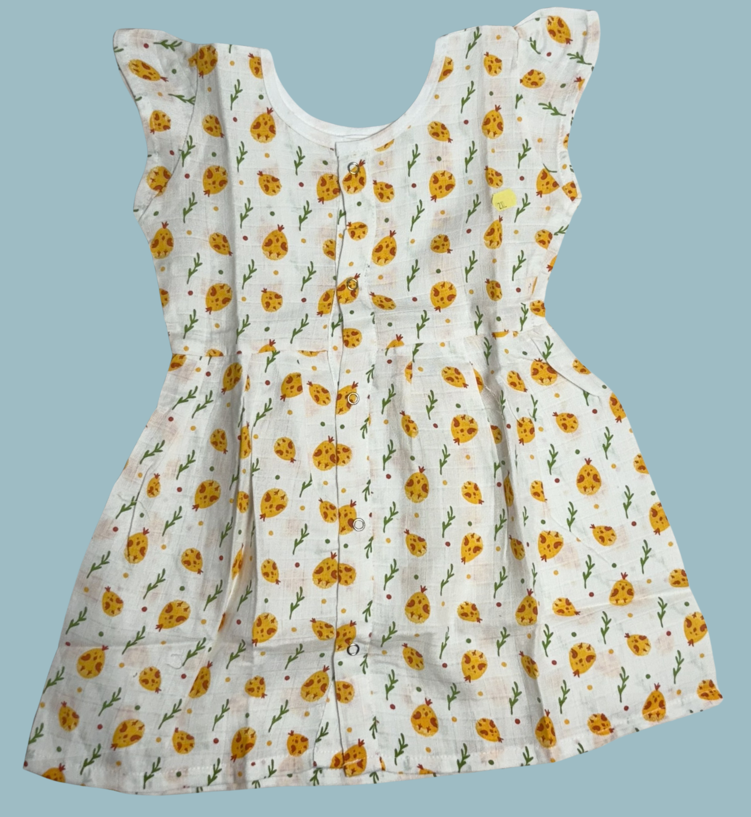 Muslin Baby Frock with Frill Sleeves – Front Open | Yellow Floral Print