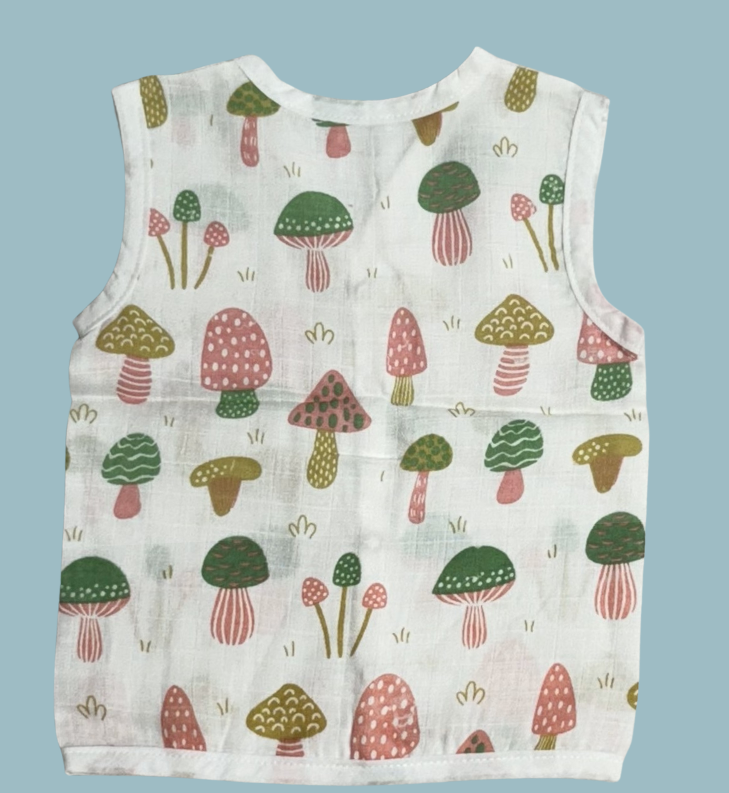 Muslin Cotton Baby Jabla Combo – Sleeveless Front Open | Mushroom, Hearts & Bunny Print (Pack of 3)