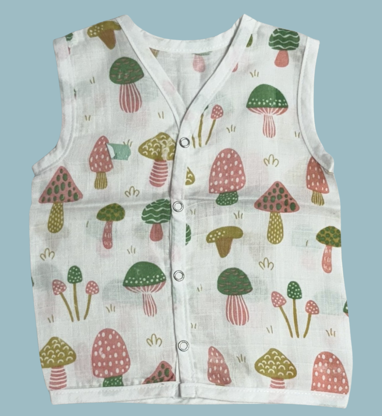 Muslin Cotton Baby Jabla Combo – Sleeveless Front Open | Mushroom, Hearts & Bunny Print (Pack of 3)