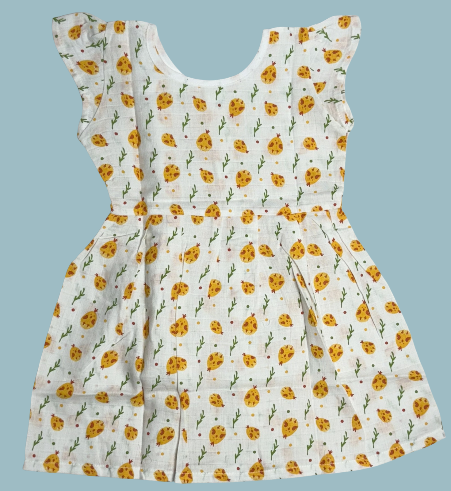 Muslin Baby Frock with Frill Sleeves – Front Open | Yellow Floral Print