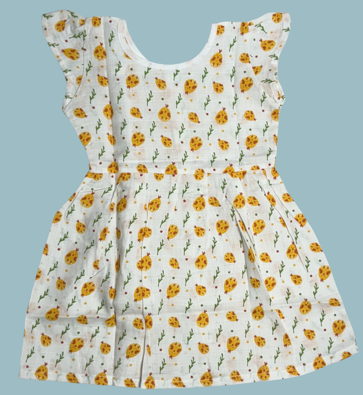 Muslin Baby Frock with Frill Sleeves – Front Open | Yellow Floral Print