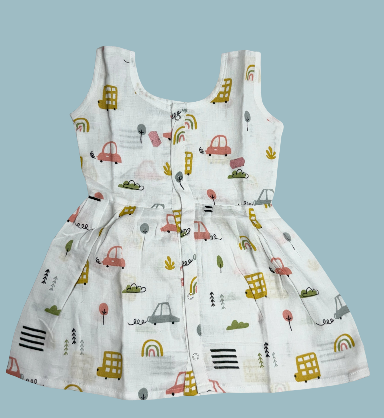 Muslin Cotton Baby Frock – Sleeveless Front Open | Car & Rainbow Print