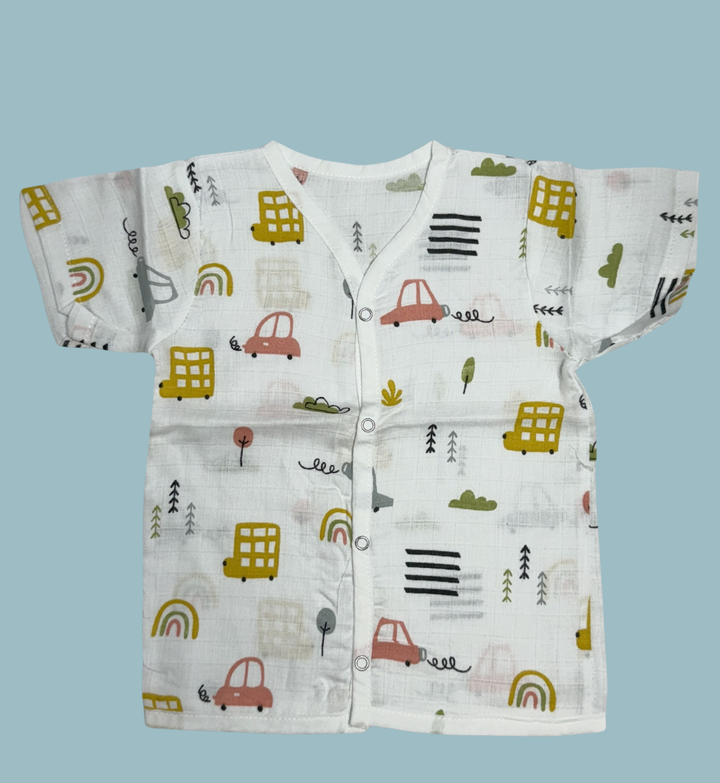 Baby Muslin Cotton Half Sleeve Button Jabla – Cars & Rainbow Print
